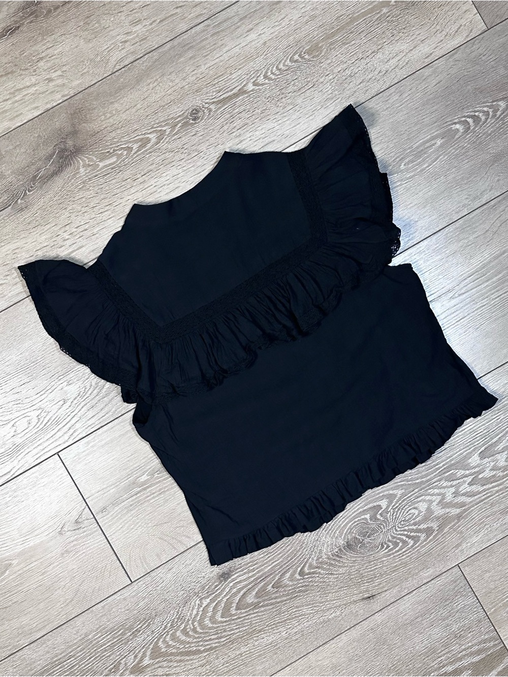 Day + Moon Button Up Flutter Sleeve Ruffle Whimsigoth Top Crochet Detailing - Picture 13 of 15